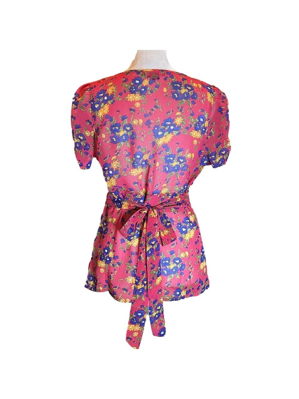 FOREVER 21 Adorable Pink Floral Print Button Up Sheer Blouse w/ Tie Back Size S - Picture 5 of 8